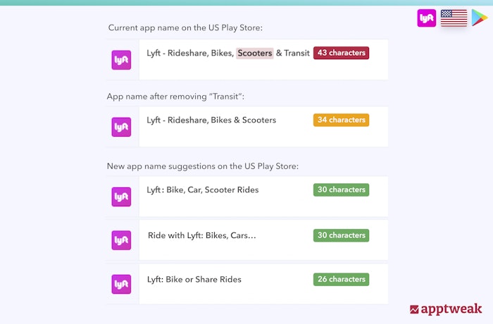 To shorten the app name from 50 to 30 characters on the US Play Store, we wrote new app name suggestions